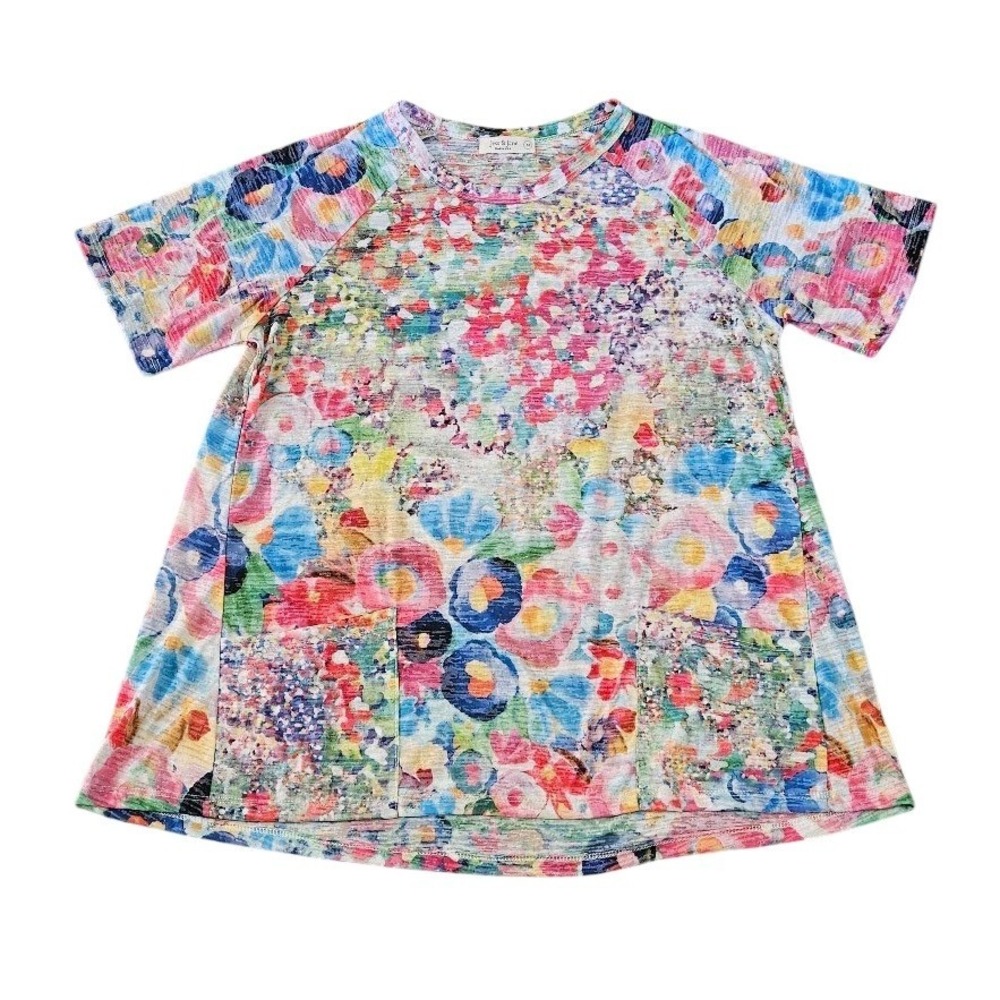 Jess & Jane Slub Tunic Top Women Medium Multicolor Floral Short Sleeve Pockets